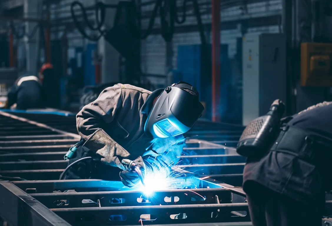 производство сэндвич-панелей и металлоконструкций на заводе, сварка